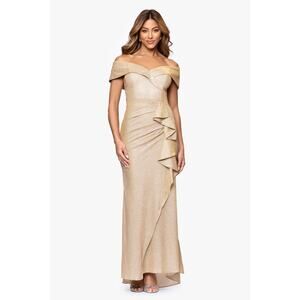 XSCAPE "Raveena" Long Foil Knit Off Shoulder Floor Length Ruffle Dress 12 NWT